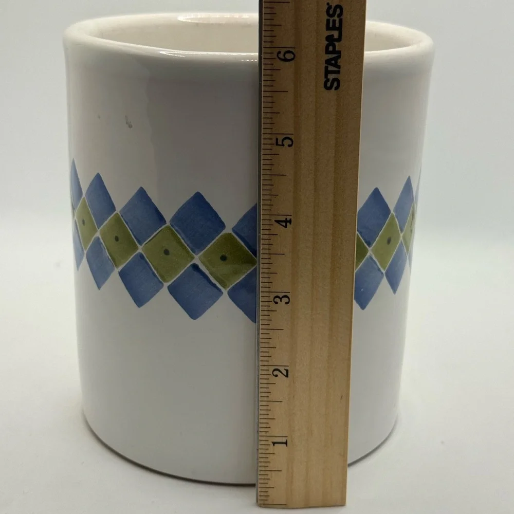 WILLIAMS-SONOMA Ceramic Utensil Holder Blue Green Diamond Harlequin Argyle